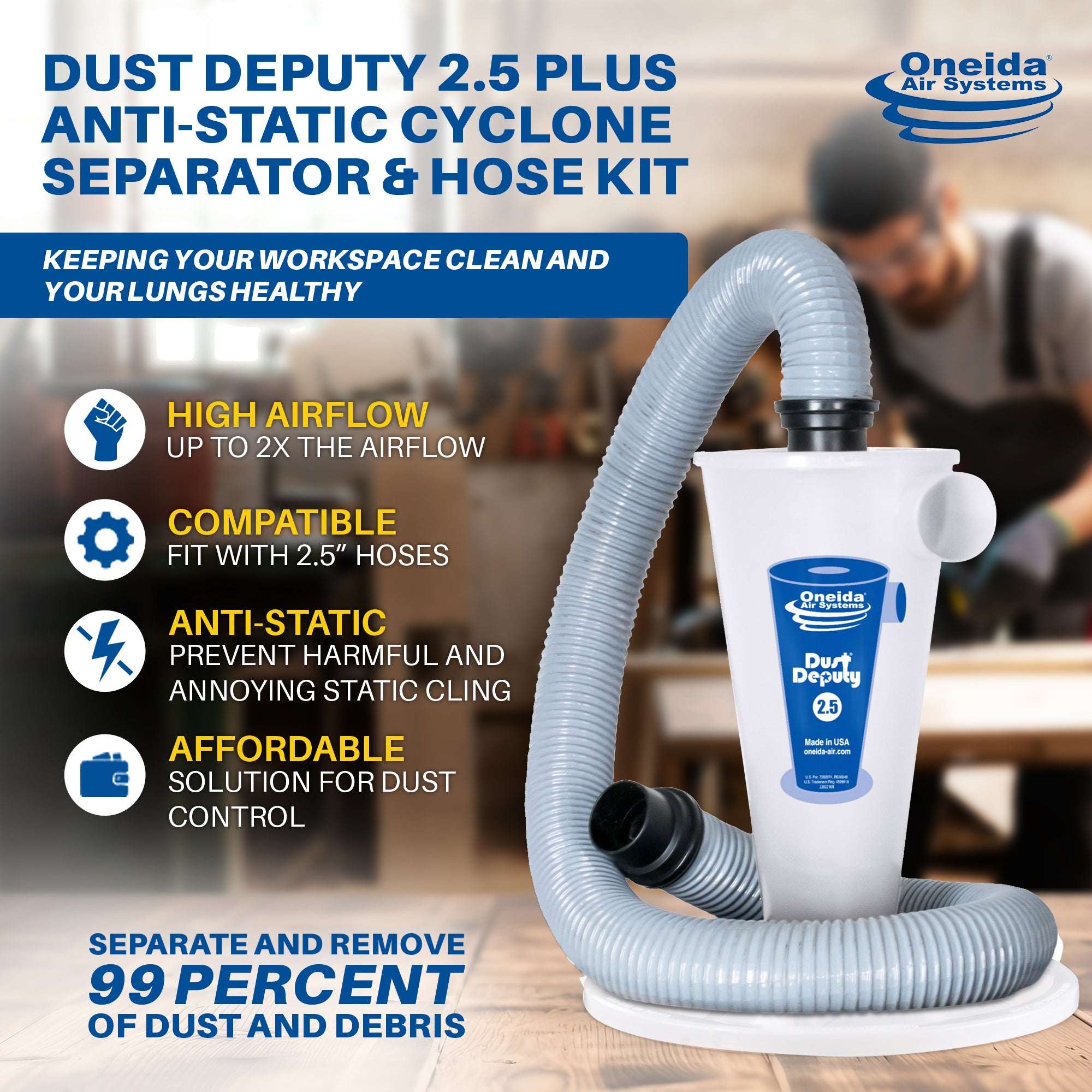 Oneida Air Systems Dust Deputy 2.5 Plus Anti-Static Cyclone Separator & Hose Kit - VMInnovations