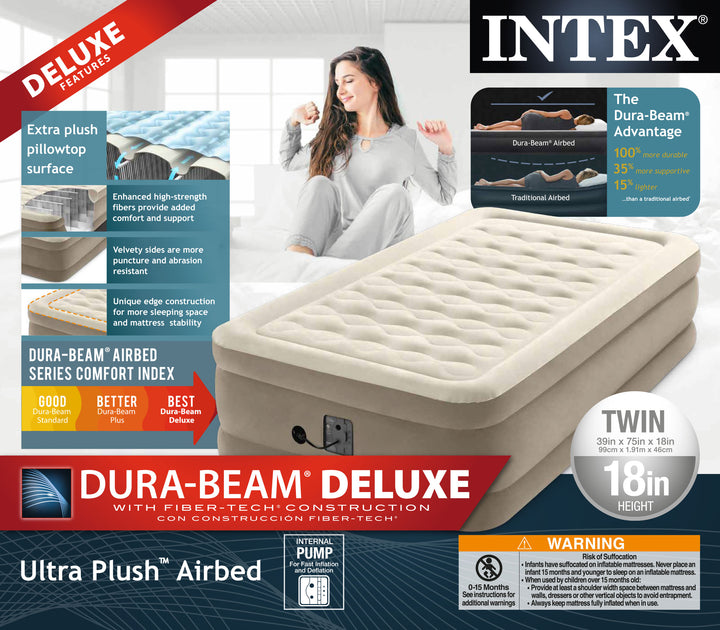 Intex Ultra Plush Fiber-Tech Airbed Elevated Air Mattress w/ Built-In Pump, Twin