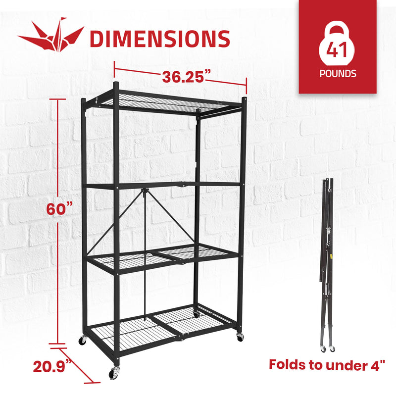 Origami R5 Foldable 4 Tier Storage Rack w/ Wheels, Black, Certified Refurbished