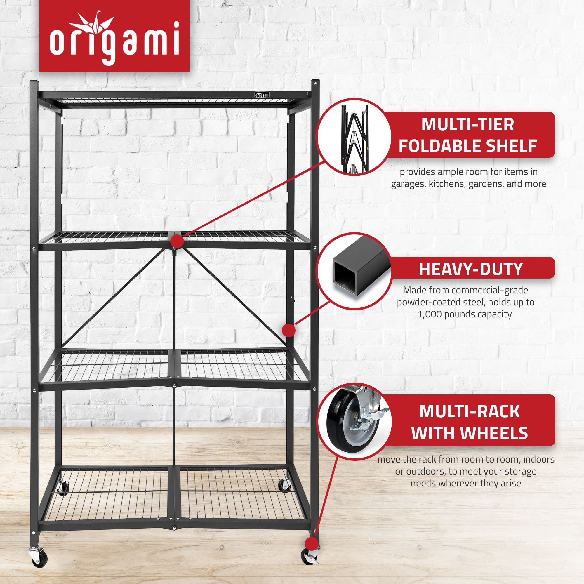 Origami R5 Foldable 4 Tier Storage Rack w/ Wheels, Black, Certified Refurbished - VMInnovations