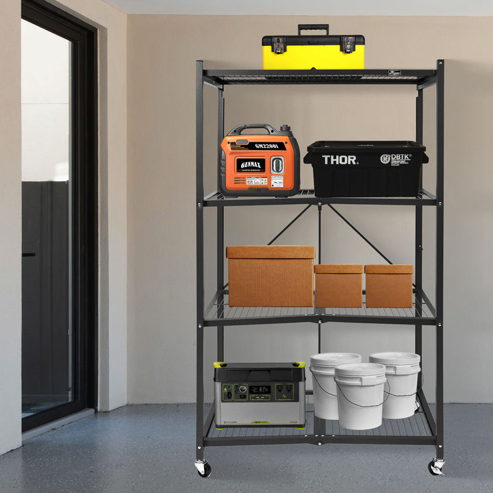 Origami R5 Foldable 4 Tier Storage Rack w/ Wheels, Black, (Open Box) - VMInnovations