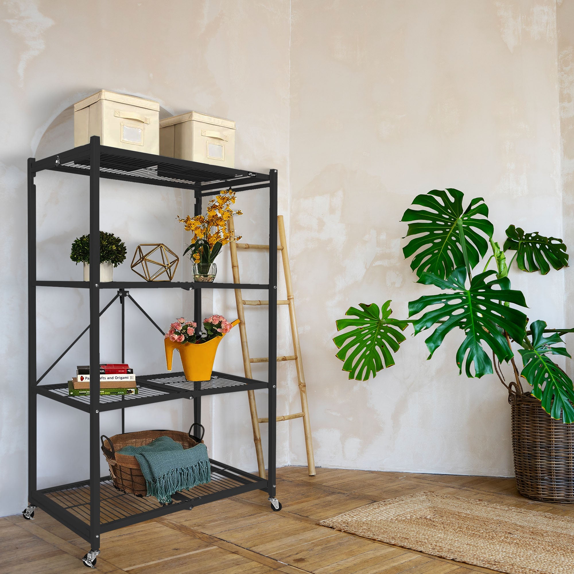 Origami R5 Foldable 4 Tier Storage Rack w/ Wheels, Black, Certified Refurbished - VMInnovations