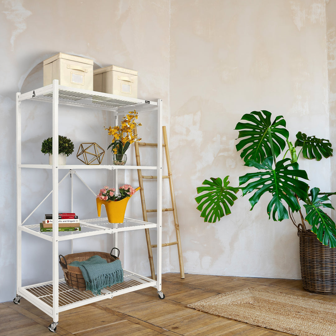 Origami R5 Foldable 4 Tier Storage Rack w/ Wheels, White, (Open Box) - VMInnovations