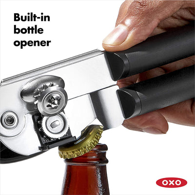 OXO Good Grips Soft Handled Stainless Steel Can Opener with Bottle Opener, Black