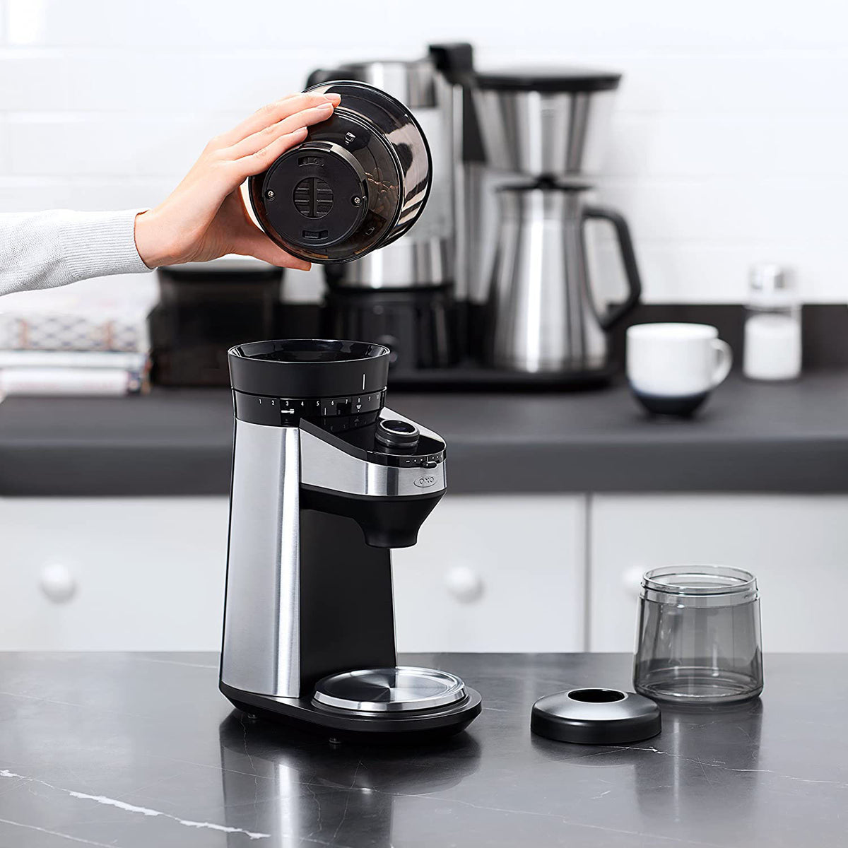 OXO BREW Stainless Steel Conical Burr Coffee Grinder w/ Integrated Scale, Silver
