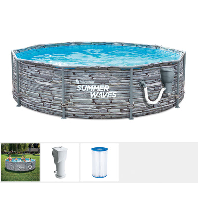 Summer Waves Active 12 Ft Stone Slate Metal Frame Outdoor Above Ground Pool Set