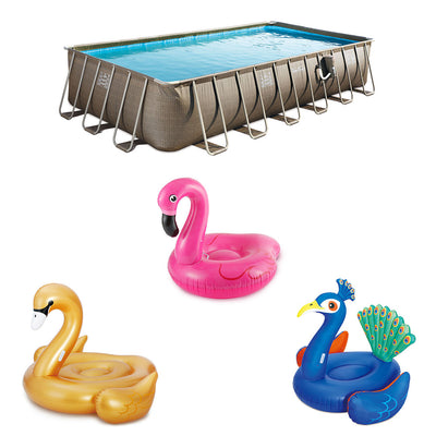 Summer Waves 24 Foot Elite Framed Wicker Basket Pool w/ Jumbo Pool Float Set