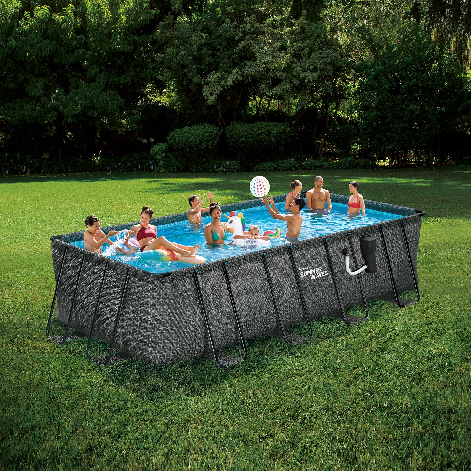 Summer Waves 18 Ft Rectangular Frame Swim Pool w/ Qualco Chlorinating Tab Kit