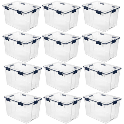 Sterilite 80 Quart Box Storage Bin with Lid & Latches, Clear/Blue Cove (12 Pack)