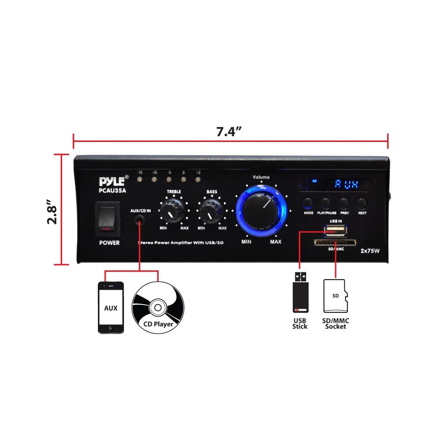 Pyle PCAU35A 2 Channel 75 Watt Home Theater Stereo Power Amplifier (2 Pack)
