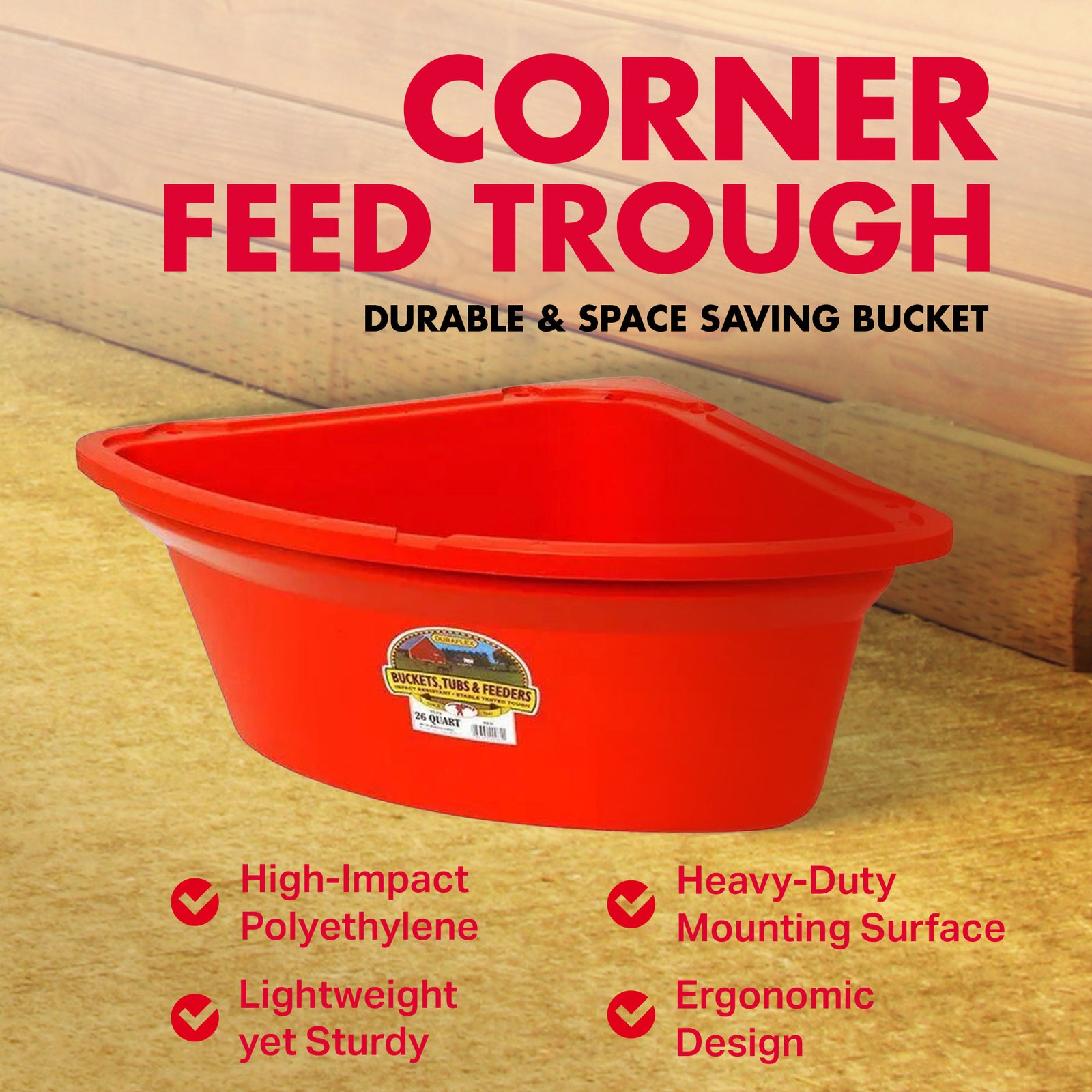 Little Giant 26 Quart Plastic Hanging Corner Livestock Animal Feeder Bucket, Red - VMInnovations