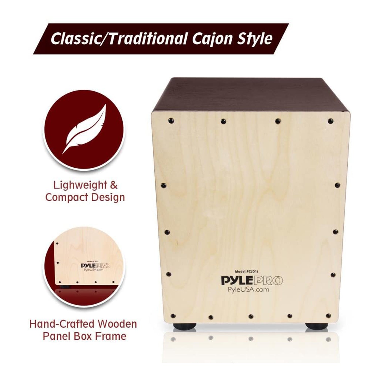 Pyle Wooden Stringed Acoustic Cajon Drum Box Percussion, Brown (Open Box) - VMInnovations