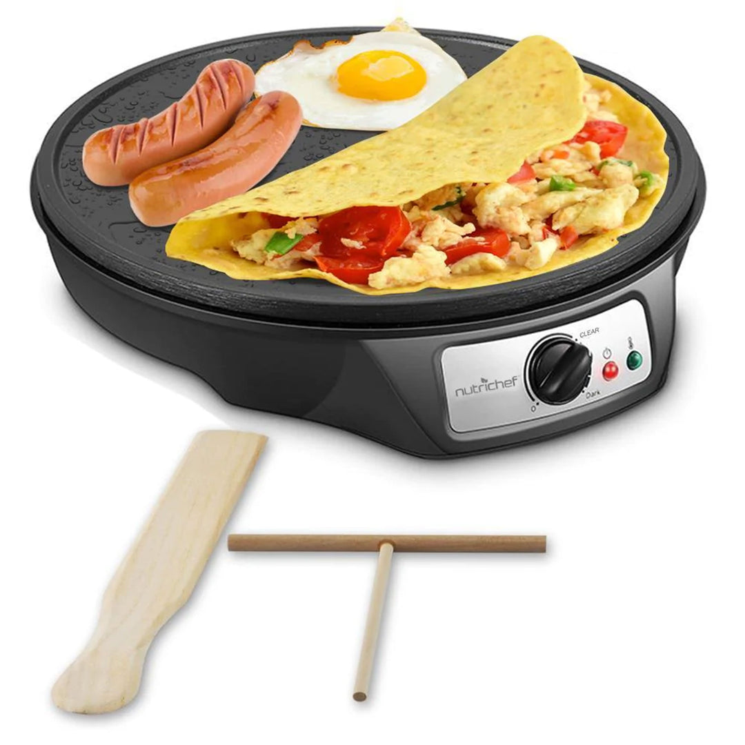 NutriChef Electric Nonstick Griddle Crepe Injera Maker Hot Plate Cooktop, Black