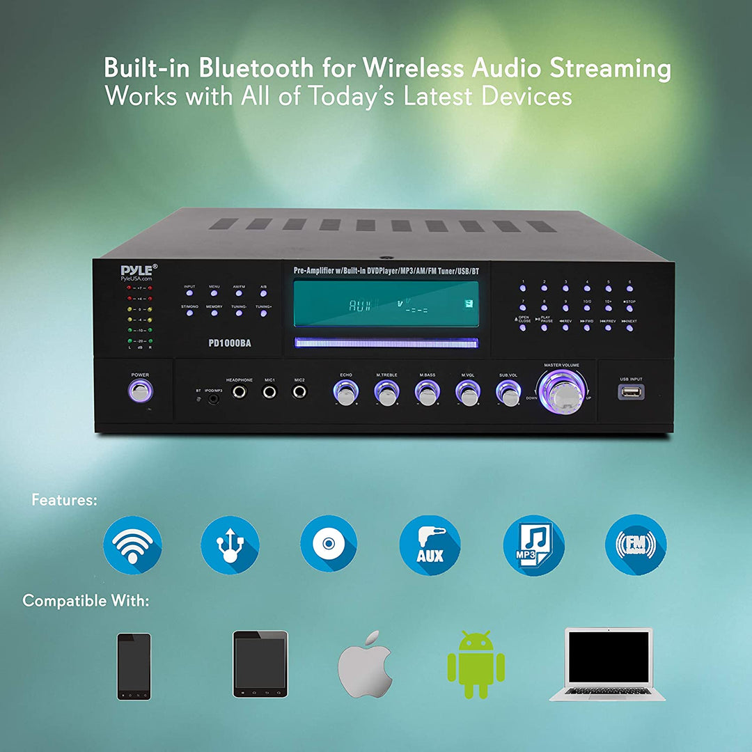 Pyle PD1000BA Bluetooth 4 Channel Home Theater Preamplifier Stereo Sound System - VMInnovations