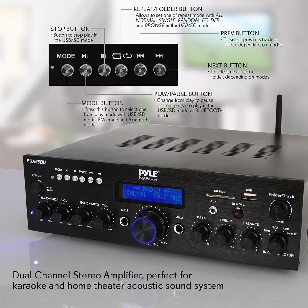 Pyle PDA65BU Bluetooth 2 Channel 200 Amplifier Receiver Sound System (2 Pack) - VMInnovations