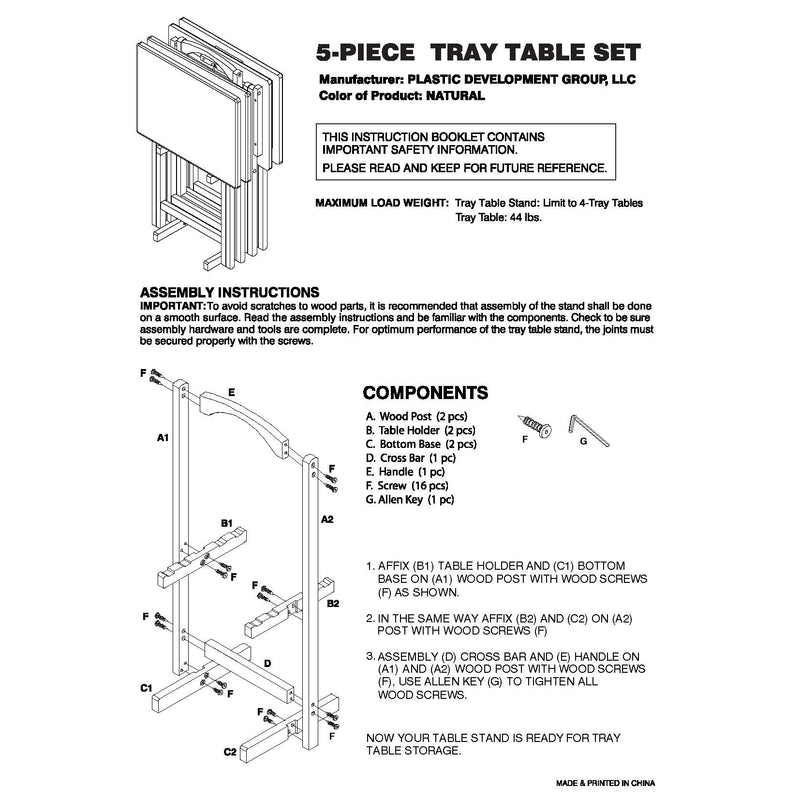 Plastic Development Group Folding 5 Piece Wooden TV Tray Set, Natural (Open Box)