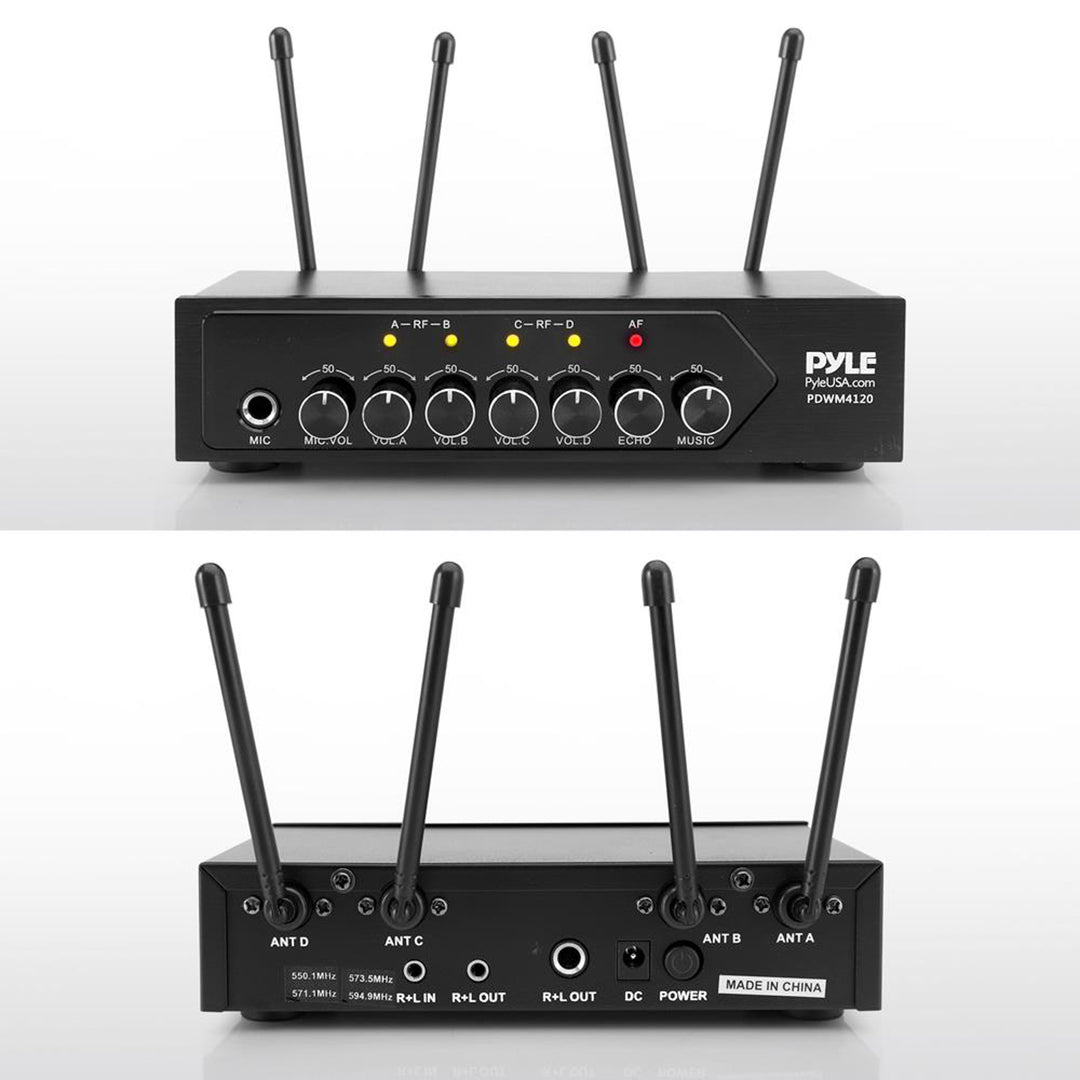 Pyle Wireless Microphone System Set w/ Bluetooth Receiver Base & 4 Handheld Mics