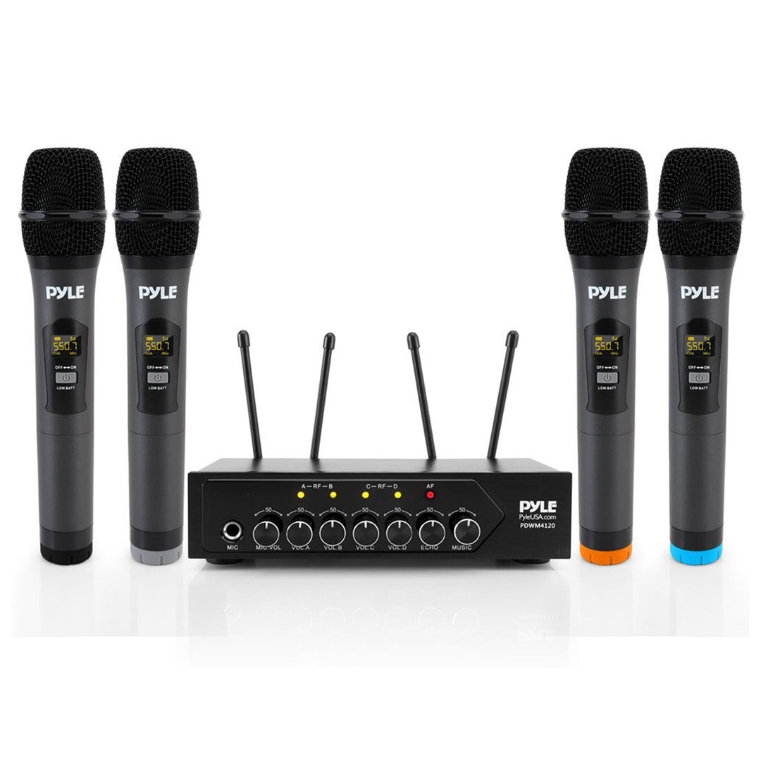 Pyle Wireless Microphone System Set w/ Bluetooth Receiver Base & 4 Handheld Mics - VMInnovations