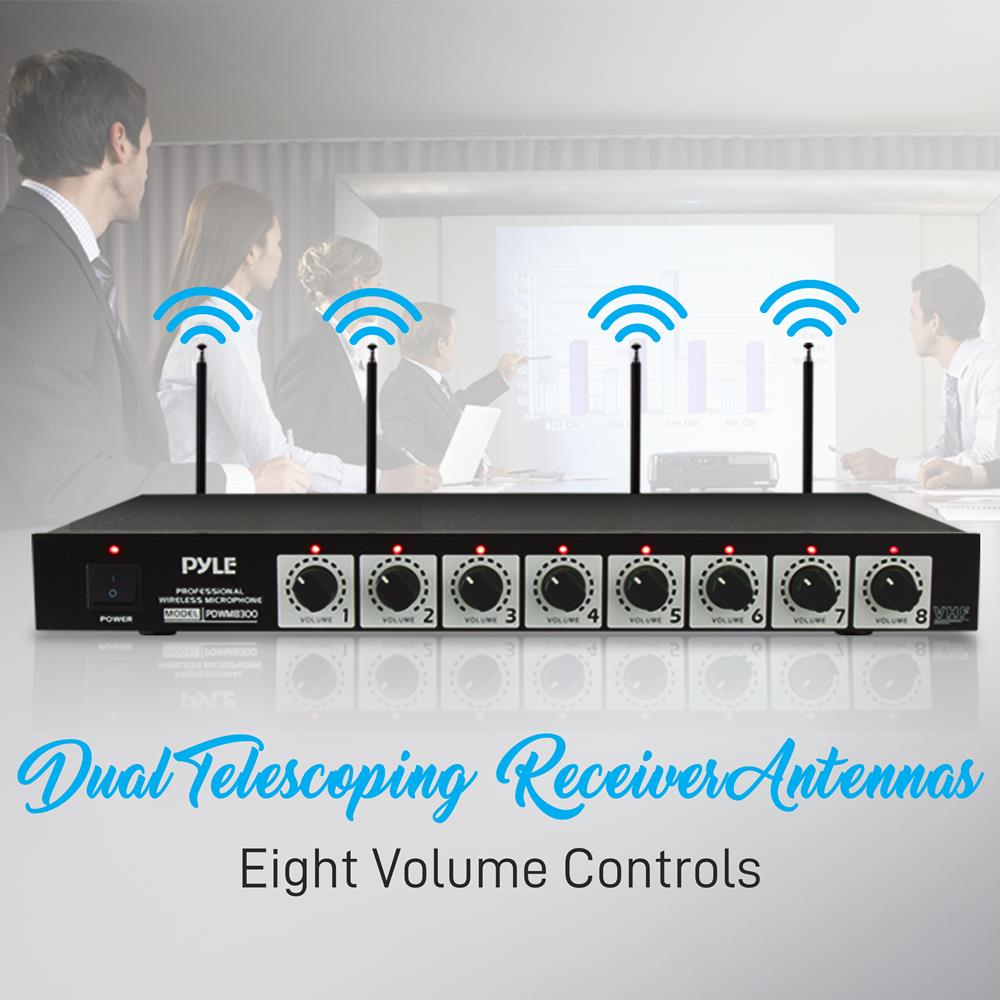 Pyle 4 x PDWM8300 VHF 8 Channel Wireless Desktop Microphones & Receiver (4 Pack)
