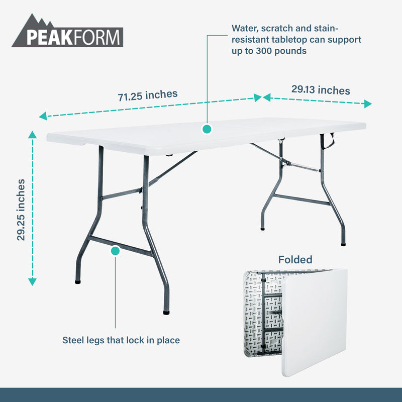 Peakform Compact Fold In Half Banquet Table for Indoor Outdoor Use, 6 Ft, White