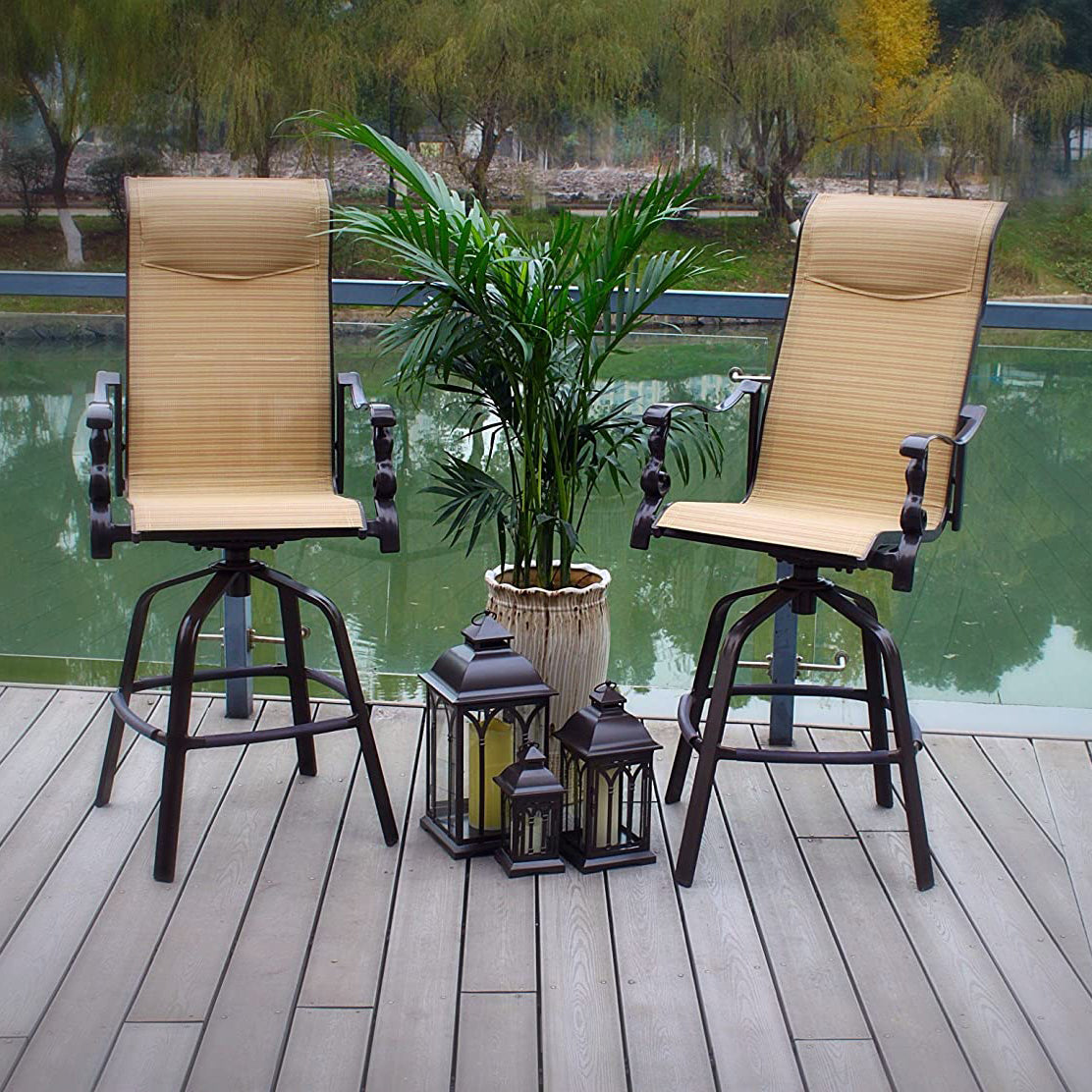 Pebble Lane Living Swivel Sling Barstool Patio Chairs, Beige, Set of 2 (Used)