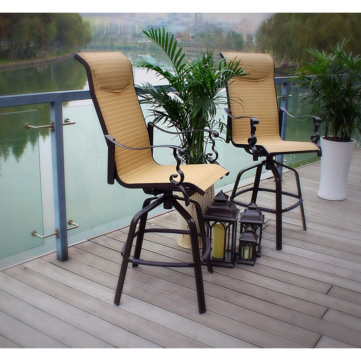 Pebble Lane Living Swivel Sling Barstool Patio Chairs, Beige, Set of 2 (Used)