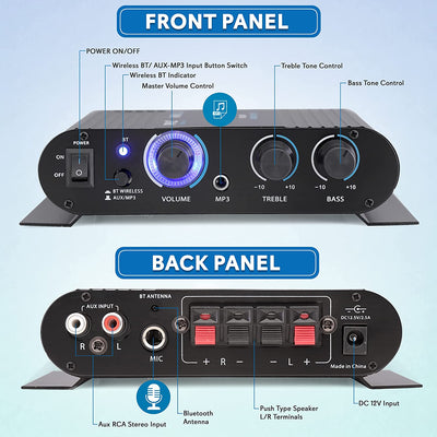 Pyle 90 Watt 8 Ohm Bluetooth Mini Blue Home Studio Class T Amplifier (Open Box)