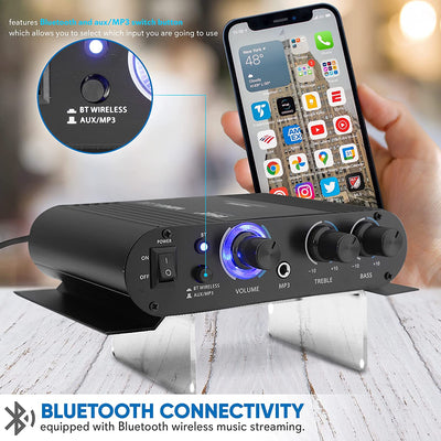 Pyle 90 Watt 8 Ohm Bluetooth Mini Blue Compact Home Studio Class T Amplifier