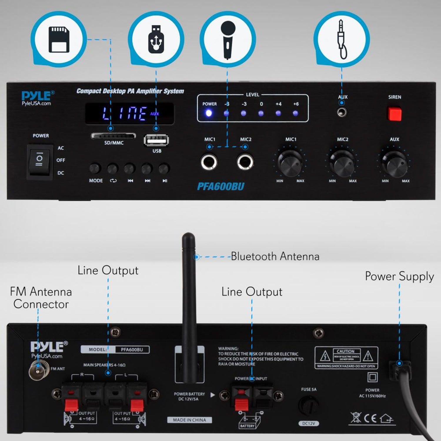 Pyle PFA600BU 300W 2 Channel Compact Bluetooth Public Address Amplifier (4 Pack)