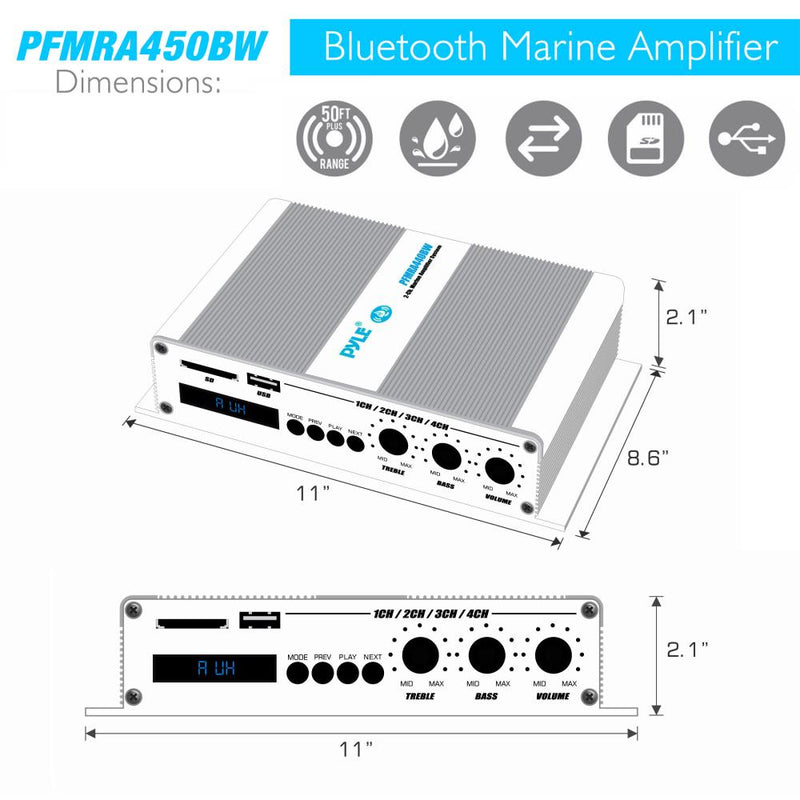 Pyle 4 Channel 400 Watt Marine Amp Amplifier Bluetooth Receiver System(Open Box)