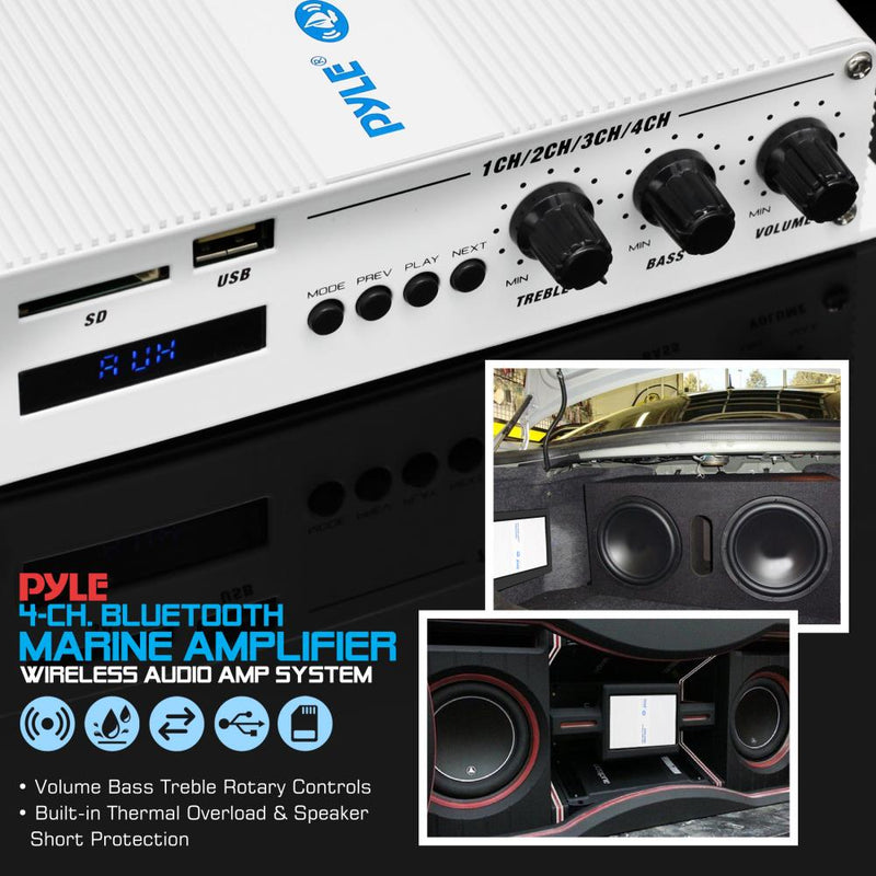Pyle 4 Channel 400W Marine Amplifier Bluetooth Receiver Sound System (2 Pack)