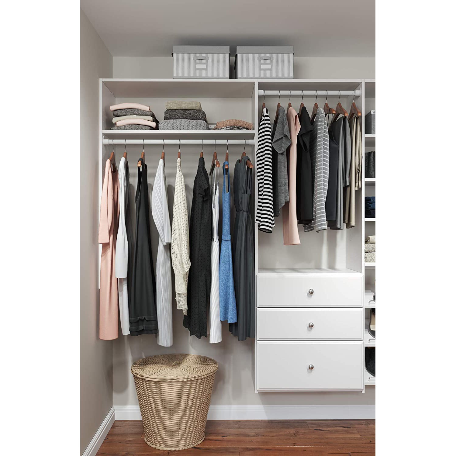Easy Track Dual Tower Closet Storage Organizer with Shelves and Drawers, White