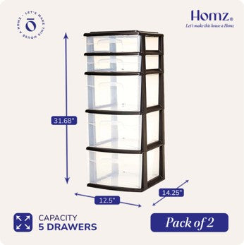 Homz Plastic 5 Drawer Storage Container Tower Closet Organizer, Black, 2 Pack