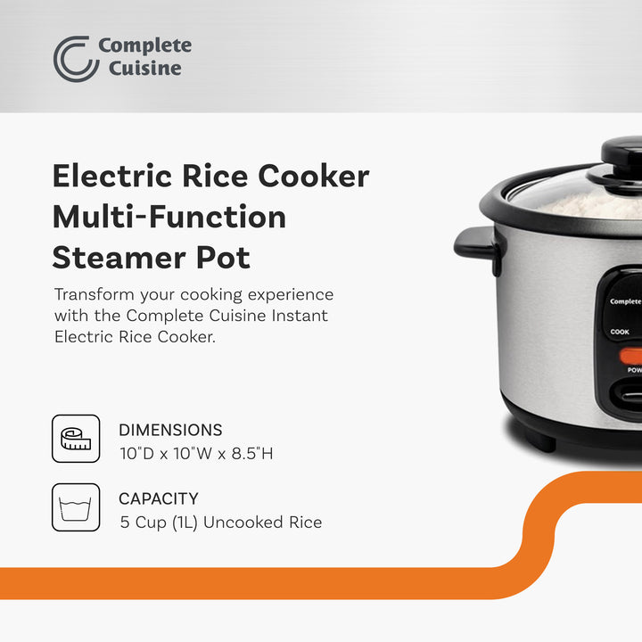 Complete Cuisine Electric Rice Cooker Multi-Function Steamer Pot, 10-Cup, Silver