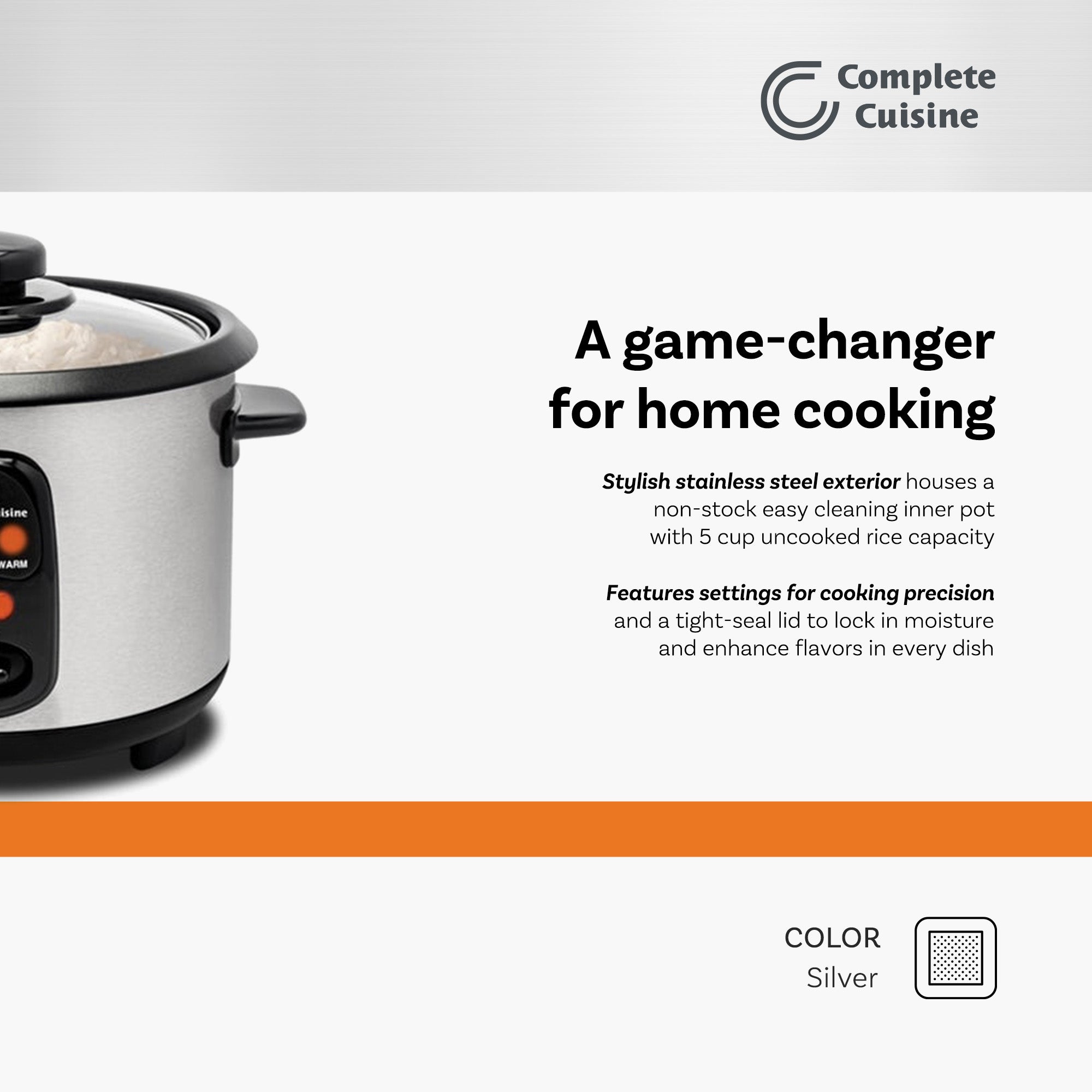 Complete Cuisine Electric Rice Cooker Multi-Function Steamer Pot, 10-Cup, Silver - VMInnovations