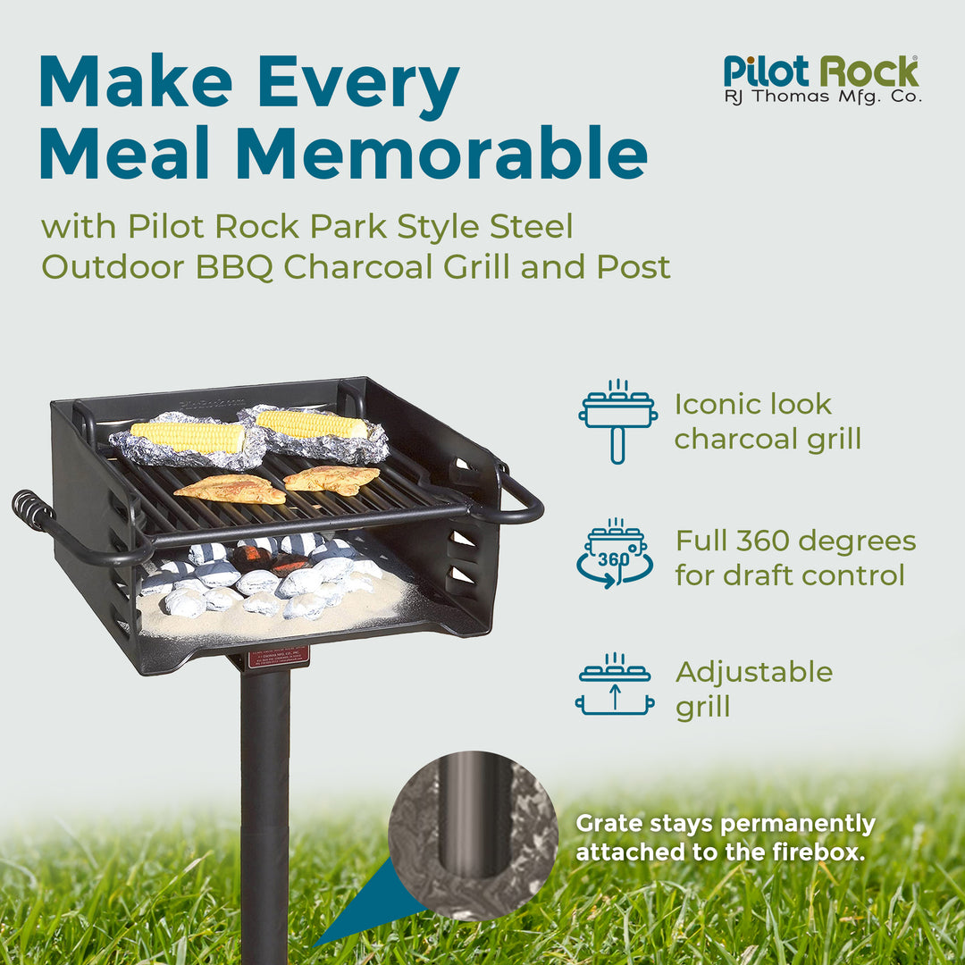 Pilot Rock H-16 B6X2 Park Style Steel Outdoor BBQ Charcoal Grill and Post, Black