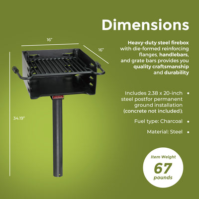 Pilot Rock H-16 B6X2 Park Style Steel Outdoor BBQ Charcoal Grill and Post, Black
