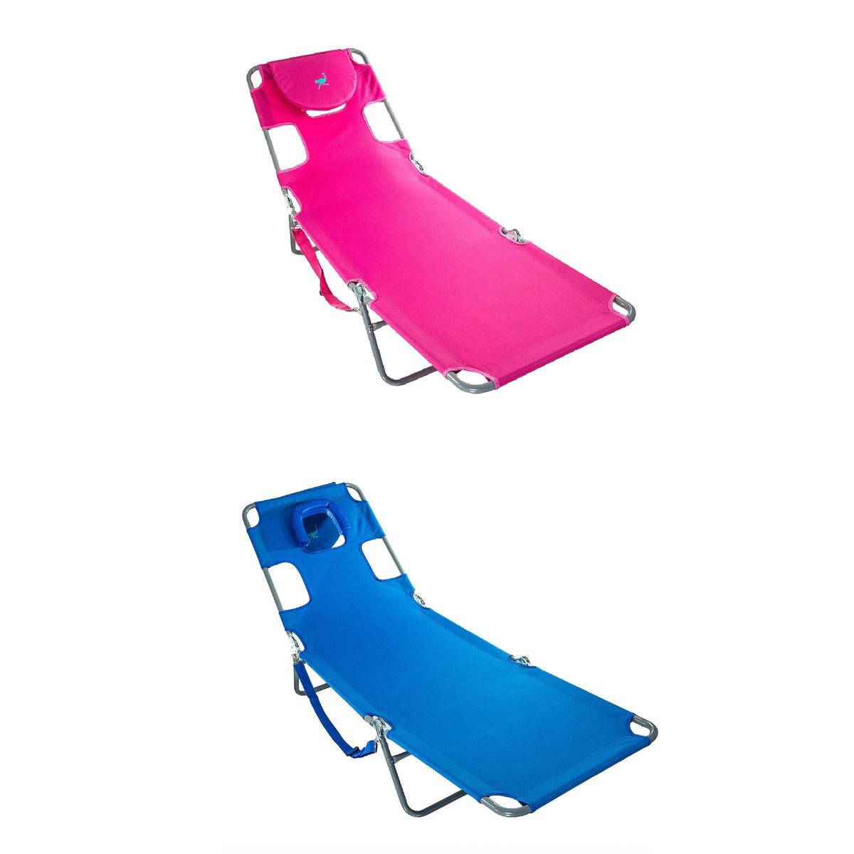 Ostrich Chaise Lounge Folding Sunbathing Poolside and Beach Chair, Pink & Blue