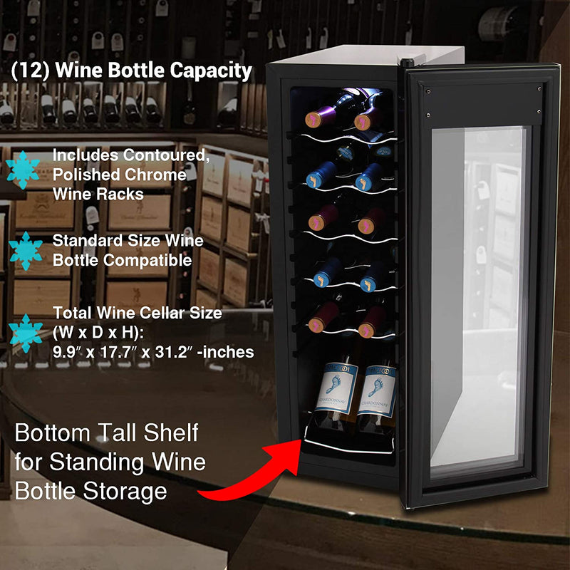 NutriChef Digital Electric 12 Bottle Thermoelectric Wine Chiller Cooler, Black