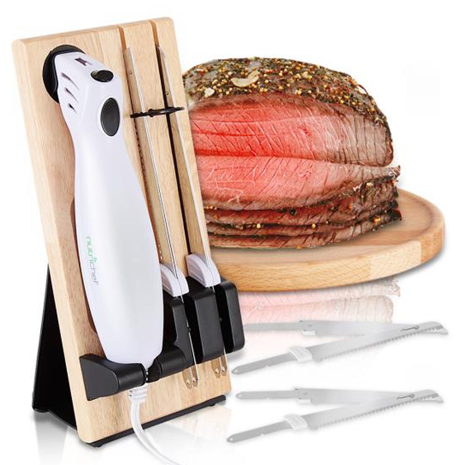 NutriChef 2 Blade Serrated Electric Knife w/ Butcher Block Storage Tray (4 Pack) - VMInnovations