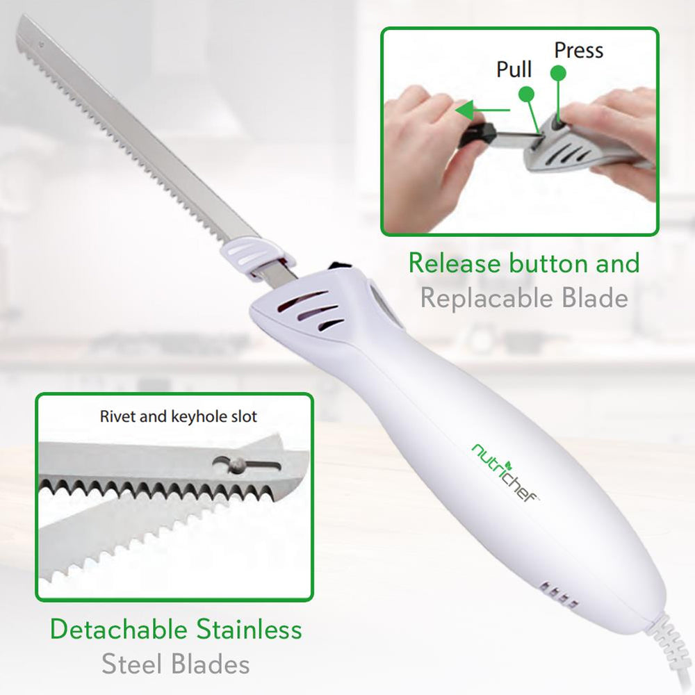 NutriChef 2 Blade Serrated Electric Knife w/ Butcher Block Storage Tray (2 Pack) - VMInnovations