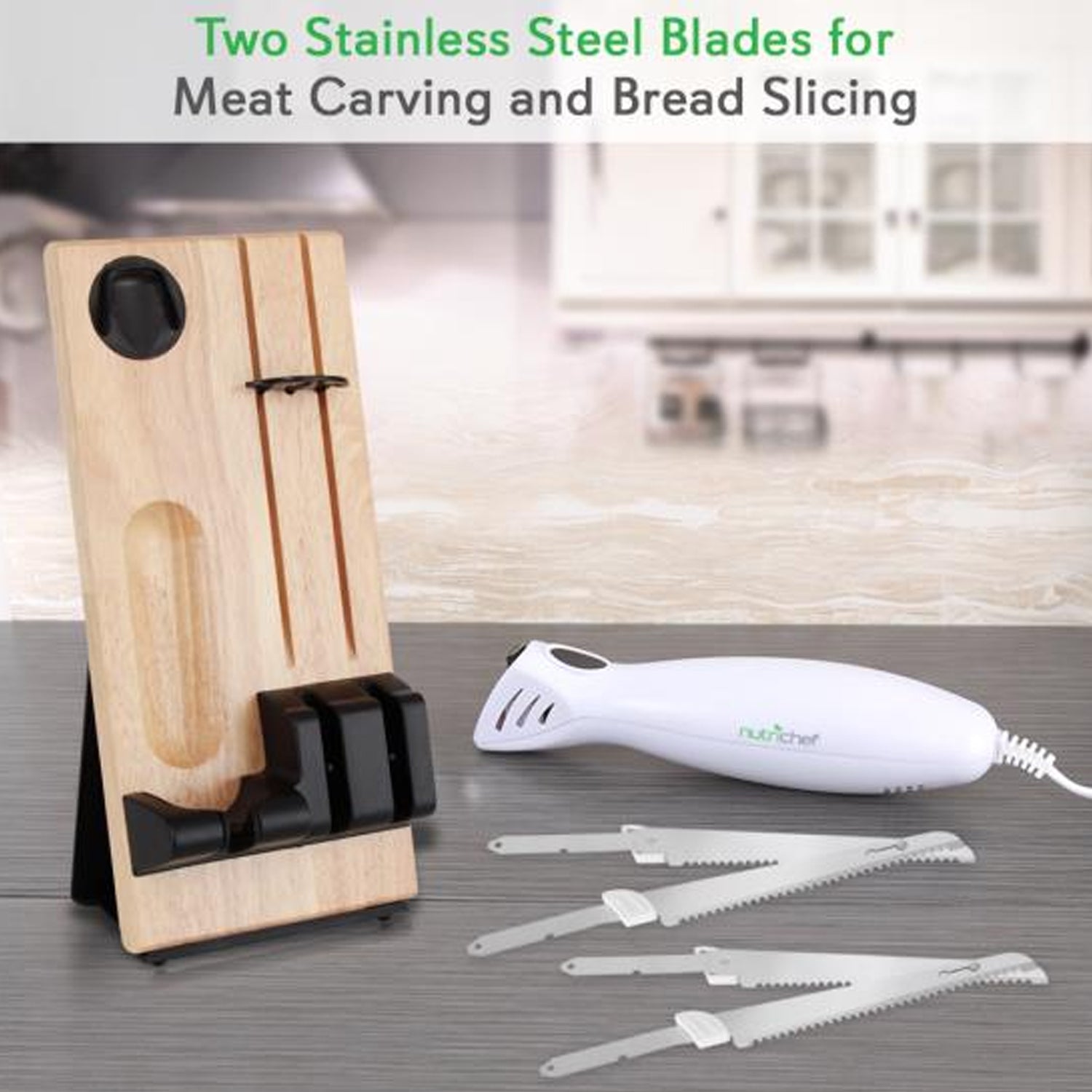 NutriChef 2 Blade Serrated Electric Knife w/ Butcher Block Storage Tray (4 Pack) - VMInnovations