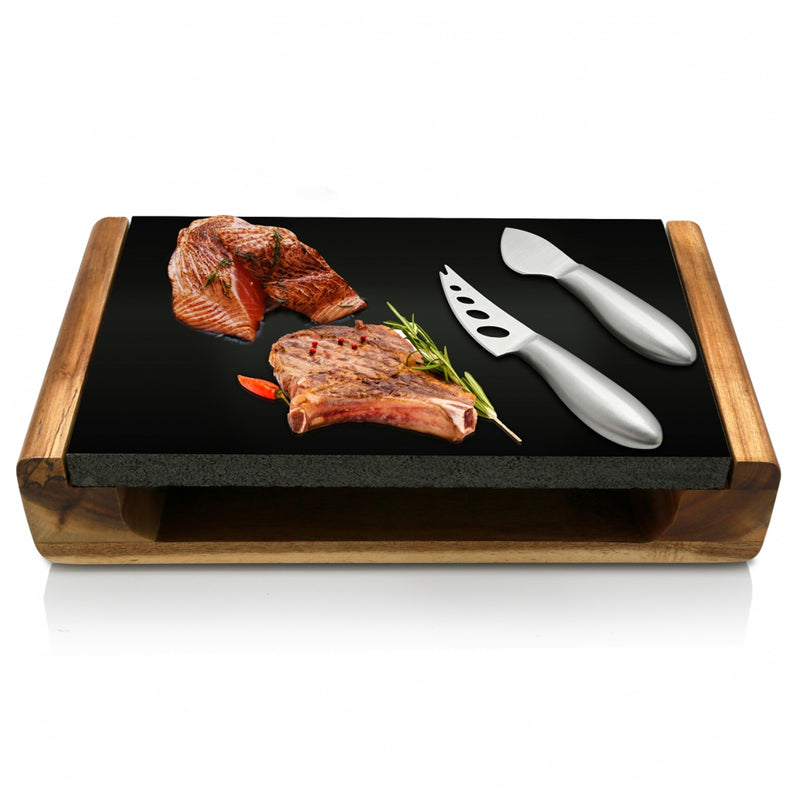NutriChef Hot Lava Stone Sizzling Grill Meat Wood Tray Serving Platter(Open Box)