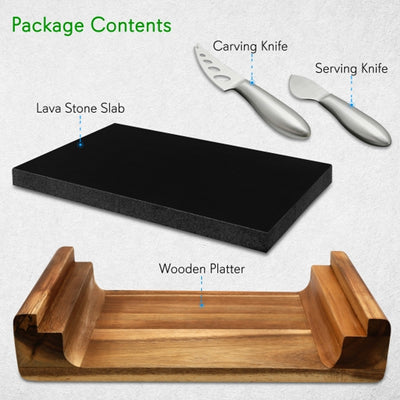 NutriChef Hot Lava Stone Sizzling Grill Wood Tray Platter with Knives (2 Pack)