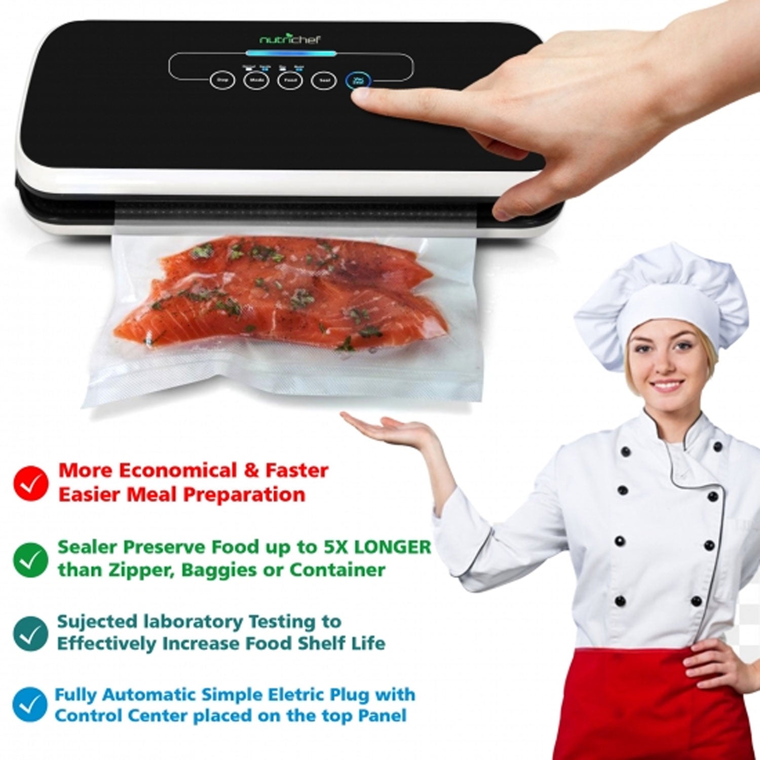 NutriChef Automatic Food Saver Vacuum Sealer Preserver Machine, Black (Open Box) - VMInnovations