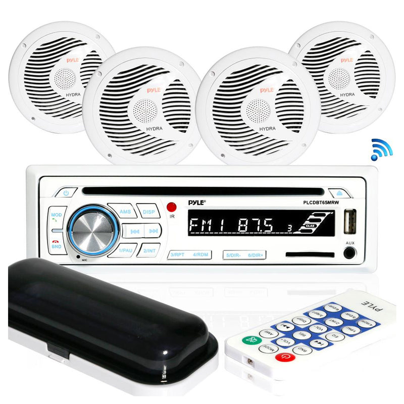 Pyle Marine Bluetooth Receiver Stereo System w/ 2 Pair 6.5 Inch Speakers, White
