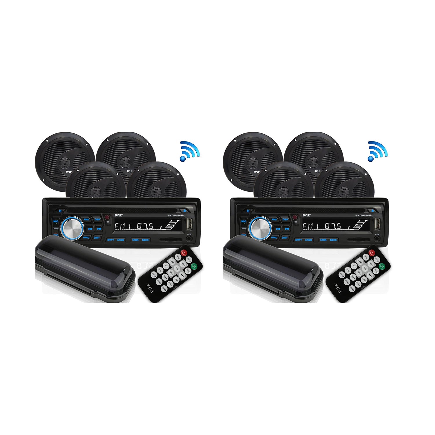 Pyle Marine Bluetooth Receiver Stereo System w/ 2 Pair Speakers, Black (2 Pack)