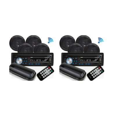 Pyle Marine Bluetooth Receiver Stereo System w/ 2 Pair Speakers, Black (2 Pack)