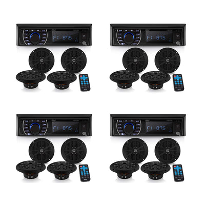 Pyle 6.5 Inch Bluetooth Marine Receiver Stereo and Speaker Kit, Black (4 Pack)