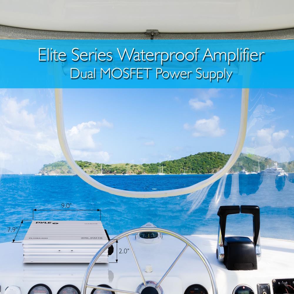 Pyle PLMRA400 400 Watt 4 Channel Marine Boat Audio Amplifier, White (For Parts)